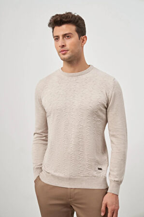 Bej Uzun Kol Kendinden Desenli Örme Bisiklet Yaka Classic Comfort Fit Triko 1012245155