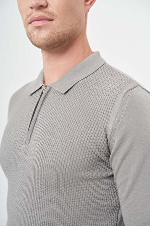 Gri Uzun Kol Kendinden Desenli Örme Polo Yaka Classic Comfort Fit Triko 1012245156