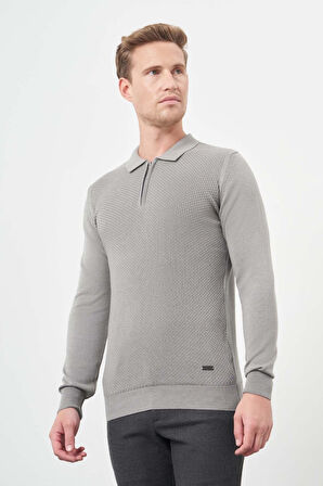 Gri Uzun Kol Kendinden Desenli Örme Polo Yaka Classic Comfort Fit Triko 1012245156