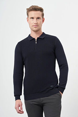 Koyu Lacivert Uzun Kol Kendinden Desenli Örme Polo Yaka Classic Comfort Fit Triko 1012245156