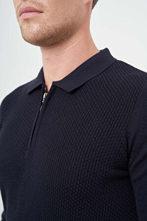 Koyu Lacivert Uzun Kol Kendinden Desenli Örme Polo Yaka Classic Comfort Fit Triko 1012245156