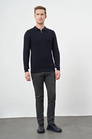 Koyu Lacivert Uzun Kol Kendinden Desenli Örme Polo Yaka Classic Comfort Fit Triko 1012245156