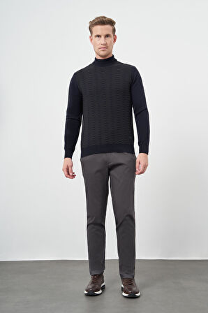 Koyu Lacivert Uzun Kol Kendinden Desenli Örme Yarım Balıkçı Yaka Classic Comfort Fit Triko 1012245157