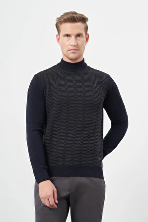 Koyu Lacivert Uzun Kol Kendinden Desenli Örme Yarım Balıkçı Yaka Classic Comfort Fit Triko 1012245157