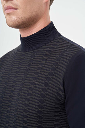 Koyu Lacivert Uzun Kol Kendinden Desenli Örme Yarım Balıkçı Yaka Classic Comfort Fit Triko 1012245157