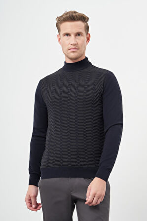 Koyu Lacivert Uzun Kol Kendinden Desenli Örme Yarım Balıkçı Yaka Classic Comfort Fit Triko 1012245157