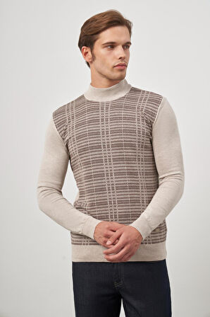 Bej Uzun Kol Kendinden Desenli Örme Yarım Balıkçı Yaka Classic Comfort Fit Triko 1012245158