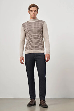 Bej Uzun Kol Kendinden Desenli Örme Yarım Balıkçı Yaka Classic Comfort Fit Triko 1012245158