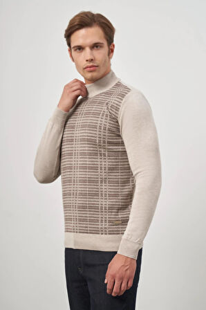 Bej Uzun Kol Kendinden Desenli Örme Yarım Balıkçı Yaka Classic Comfort Fit Triko 1012245158