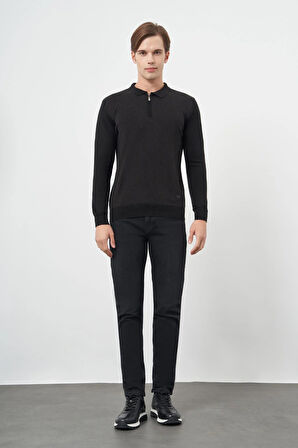 Siyah Uzun Kol Kendinden Desenli Örme Polo Yaka Classic Comfort Fit Triko 1012245160