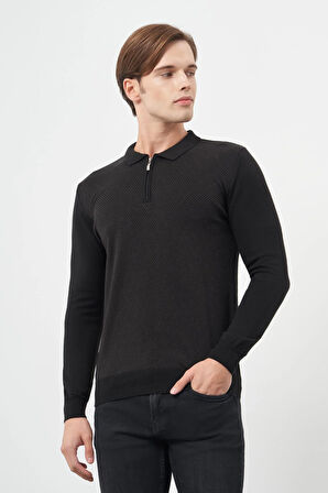 Siyah Uzun Kol Kendinden Desenli Örme Polo Yaka Classic Comfort Fit Triko 1012245160