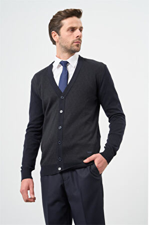 Koyu Lacivert Uzun Kol Kendinden Desenli Örme V Yaka Classic Comfort Fit Triko 1012245161