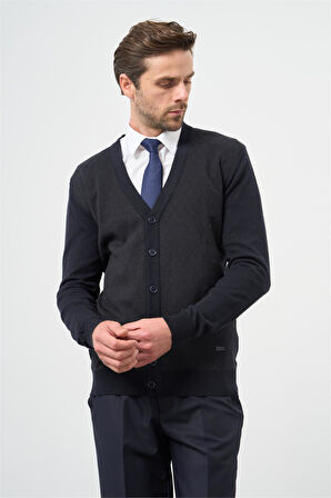 Koyu Lacivert Uzun Kol Kendinden Desenli Örme V Yaka Classic Comfort Fit Triko 1012245161