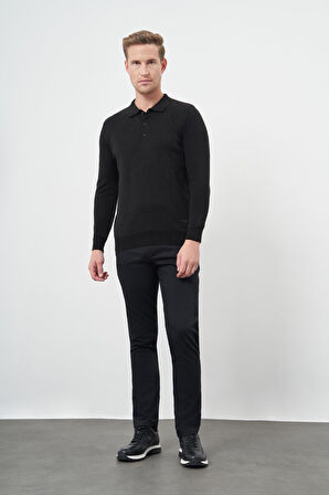 Siyah Uzun Kol Kendinden Desenli Örme Polo Yaka Classic Comfort Fit Triko 1012245162