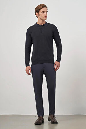 Koyu Lacivert Uzun Kol Kendinden Desenli Örme Polo Yaka Classic Comfort Fit Triko 1012245162