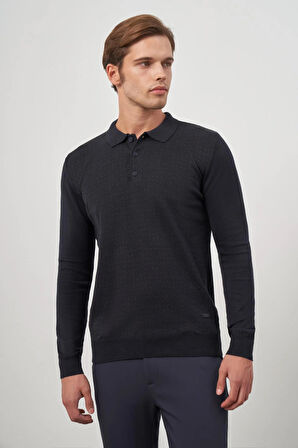 Koyu Lacivert Uzun Kol Kendinden Desenli Örme Polo Yaka Classic Comfort Fit Triko 1012245162