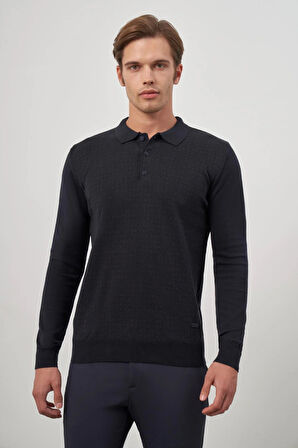 Koyu Lacivert Uzun Kol Kendinden Desenli Örme Polo Yaka Classic Comfort Fit Triko 1012245162