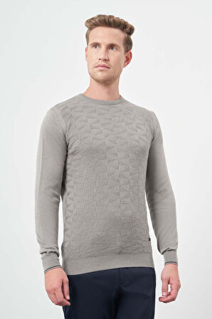 Gri Uzun Kol Kendinden Desenli Örme Bisiklet Yaka Classic Slim Fit Triko 1012245200