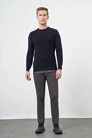 Koyu Lacivert Uzun Kol Kendinden Desenli Örme Bisiklet Yaka Classic Slim Fit Triko 1012245200