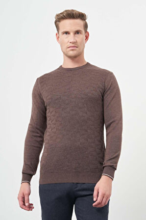 Sütlü Kahverengi Uzun Kol Kendinden Desenli Örme Bisiklet Yaka Classic Slim Fit Triko 1012245200