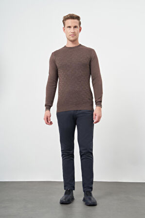 Sütlü Kahverengi Uzun Kol Kendinden Desenli Örme Bisiklet Yaka Classic Slim Fit Triko 1012245200