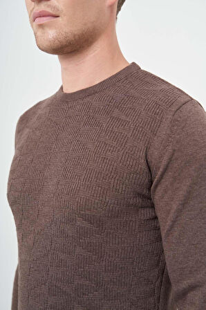 Sütlü Kahverengi Uzun Kol Kendinden Desenli Örme Bisiklet Yaka Classic Slim Fit Triko 1012245200