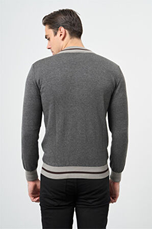 Gri Uzun Kol Düz Örme Dik Yaka Classic Slim Fit Triko 1012245203