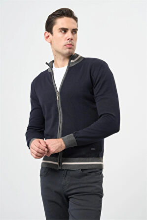 Koyu Lacivert Uzun Kol Düz Örme Dik Yaka Classic Slim Fit Triko 1012245203