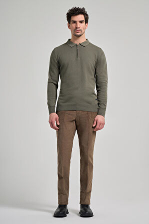 Uzun Kol Düz Örme Polo Yaka Cepsiz Pamuklu Comfort Fit Triko 1012245207