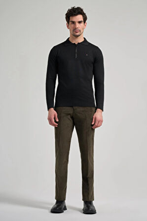 Siyah Polo Yaka Düz Casual Pamuklu Slim Fit Triko 1012245250