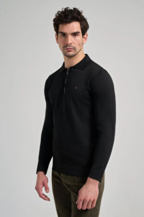 Siyah Polo Yaka Düz Casual Pamuklu Slim Fit Triko 1012245250