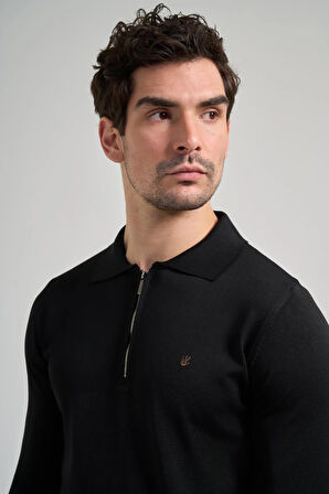 Siyah Polo Yaka Düz Casual Pamuklu Slim Fit Triko 1012245250