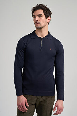 Koyu Lacivert Polo Yaka Düz Casual Pamuklu Slim Fit Triko 1012245250