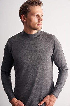 Gri Yarım Balıkçı Yaka Cepsiz Comfort Fit Classic Pamuklu Triko Kazak 1012255001