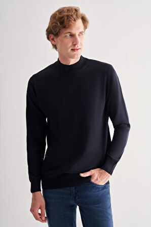 Koyu Lacivert Yarım Balıkçı Yaka Cepsiz Comfort Fit Classic Pamuklu Triko Kazak 1012255001