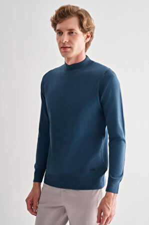 Koyu Mavi Yarım Balıkçı Yaka Cepsiz Comfort Fit Classic Pamuklu Triko Kazak 1012255001