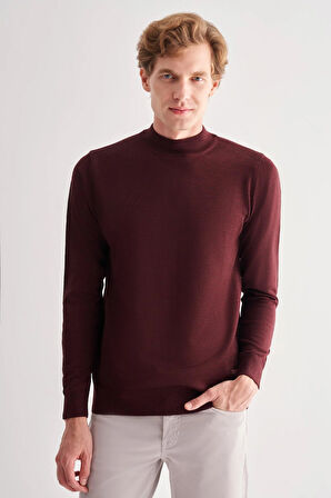 Bordo Yarım Balıkçı Yaka Cepsiz Comfort Fit Classic Pamuklu Triko Kazak 1012255001