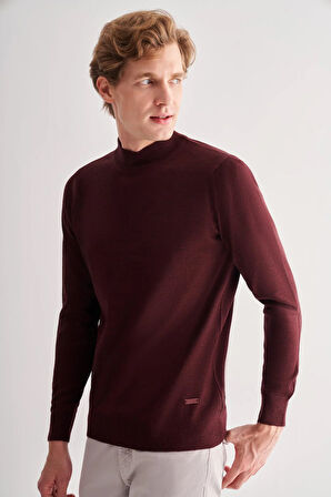 Bordo Yarım Balıkçı Yaka Cepsiz Comfort Fit Classic Pamuklu Triko Kazak 1012255001