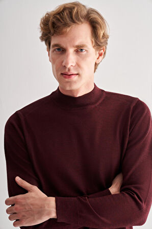 Bordo Yarım Balıkçı Yaka Cepsiz Comfort Fit Classic Pamuklu Triko Kazak 1012255001