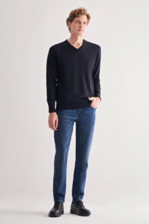 Koyu Lacivert V Yaka Uzun Kol Cepsiz Comfort Fit Classic Yünlü Triko Kazak 1012255002