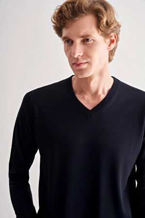 Koyu Lacivert V Yaka Uzun Kol Cepsiz Comfort Fit Classic Yünlü Triko Kazak 1012255002