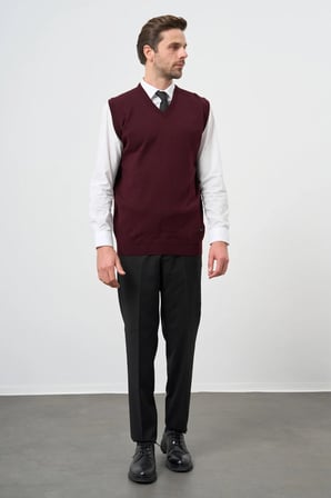 Bordo V Yaka Cepsiz Slim Fit Classic Yünlü Triko Süeter 1012255003