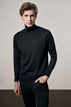 Siyah Balıkçı Yaka Cepsiz Comfort Fit Classic Pamuklu Triko Kazak 1012255004