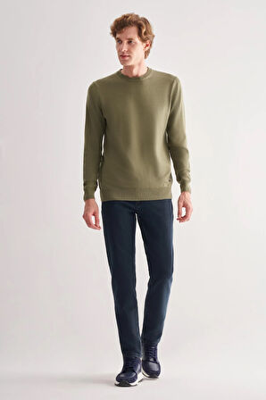 Açık Yeşil Bisiklet Yaka Cepsiz Comfort Fit Classic Pamuklu Triko Kazak 1012255006