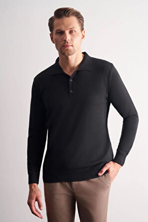 Siyah Polo Yaka Cepsiz Comfort Fit Classic Pamuklu Triko Kazak 1012255007