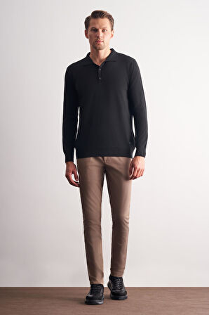 Siyah Polo Yaka Cepsiz Comfort Fit Classic Pamuklu Triko Kazak 1012255007
