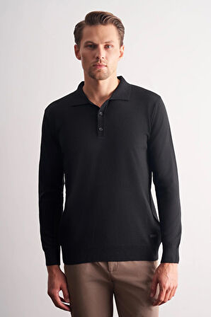 Siyah Polo Yaka Cepsiz Comfort Fit Classic Pamuklu Triko Kazak 1012255007