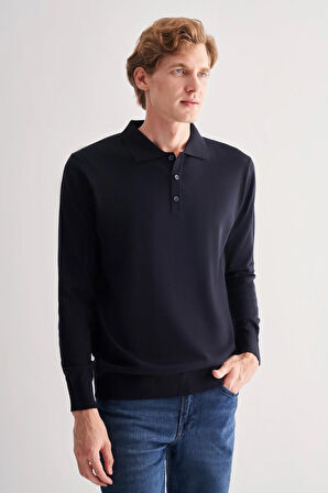 Koyu Lacivert Polo Yaka Cepsiz Comfort Fit Classic Pamuklu Triko Kazak 1012255007