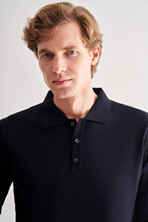 Koyu Lacivert Polo Yaka Cepsiz Comfort Fit Classic Pamuklu Triko Kazak 1012255007