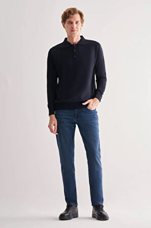 Koyu Lacivert Polo Yaka Cepsiz Comfort Fit Classic Pamuklu Triko Kazak 1012255007